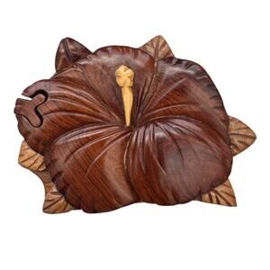 Hand Carved Hibiscus Flower Wooden Secret Puzzle Box